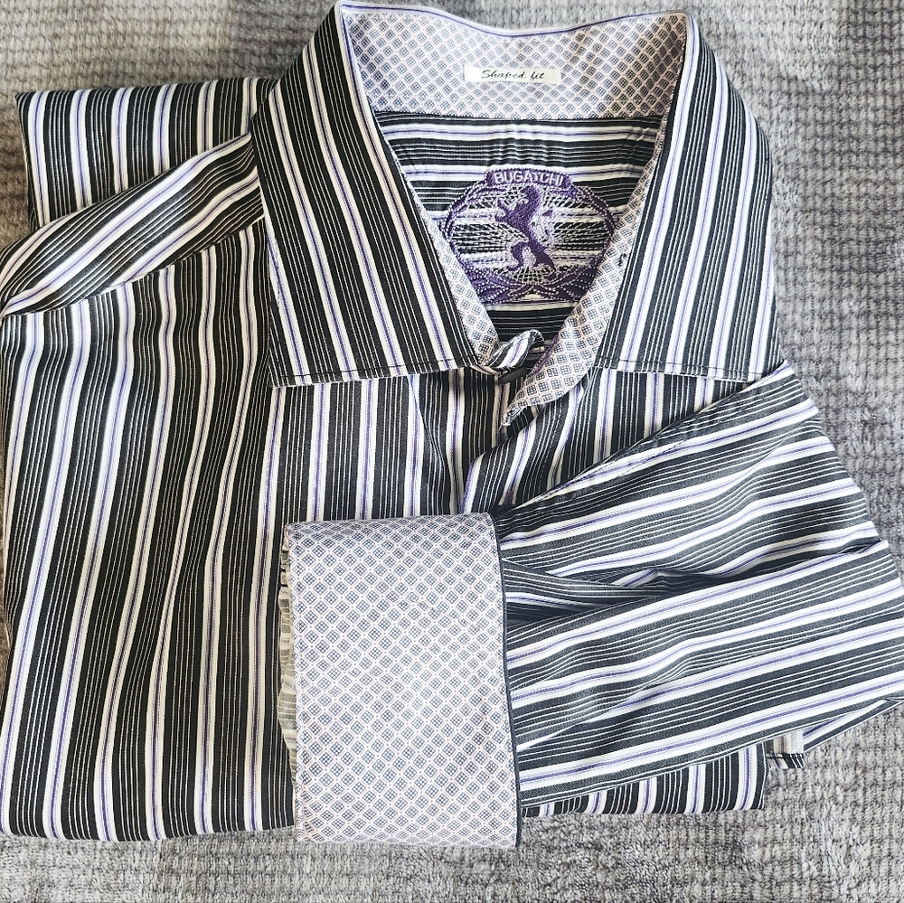 Bugatchi  Mens 'Shaped Fit' Longsleeve Button Up XXL Purple Black Stripe Cotton
